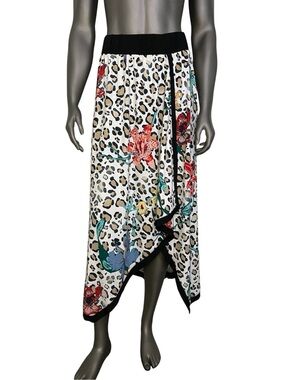 Soft Surroundings Skirt S Floral Leopard Print Asymmetrical Midi White Flowy